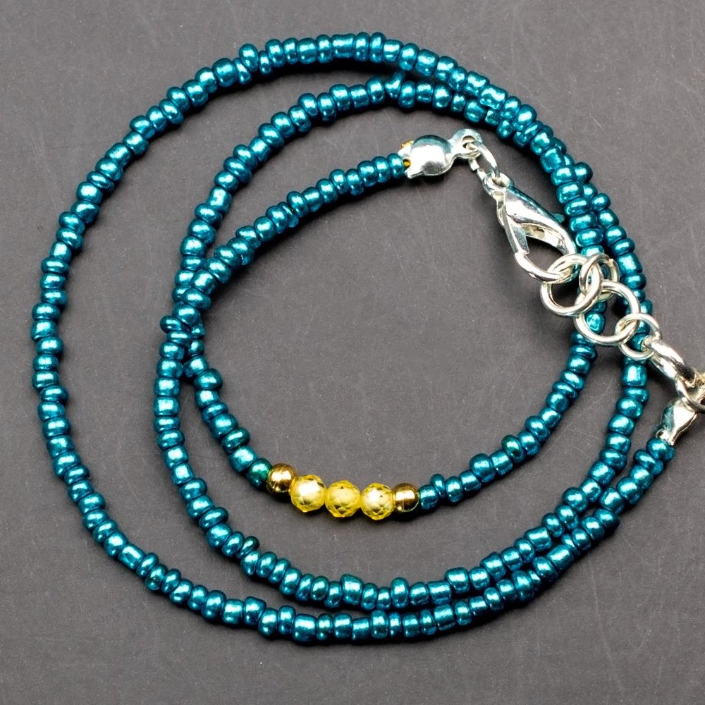 Citrine bar choker necklace, dainty teal blue seed bead choker